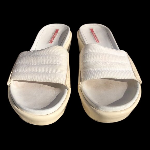 Prada Women's Ivory Patent Leather Canvas Platform Slides Sandals, 35 / 4.5 - Picture 4 of 16